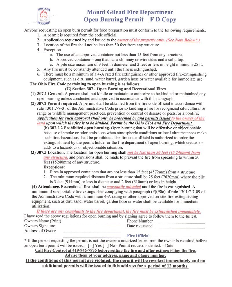Open Burning Permit, Morrow county, Mount. Gilead